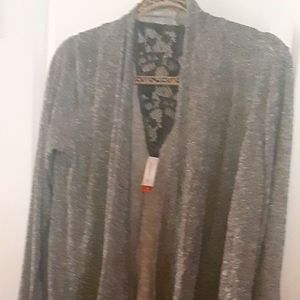 Silver cardigan sweater, small flakes in fabric, dressy, comfy, like new size L